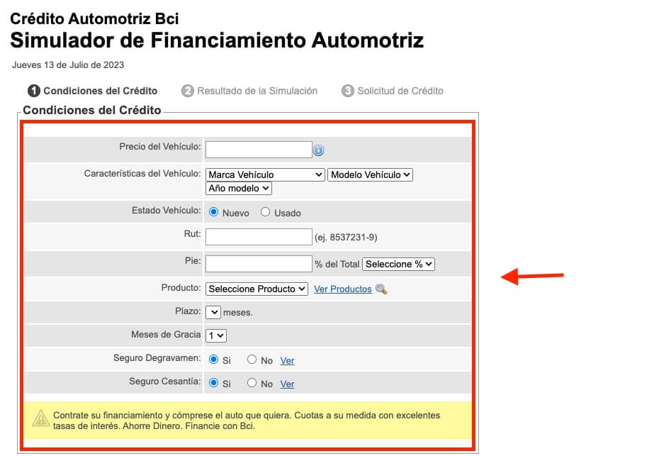 Como solicitar un credito automotriz BCI con el simulador paso 2